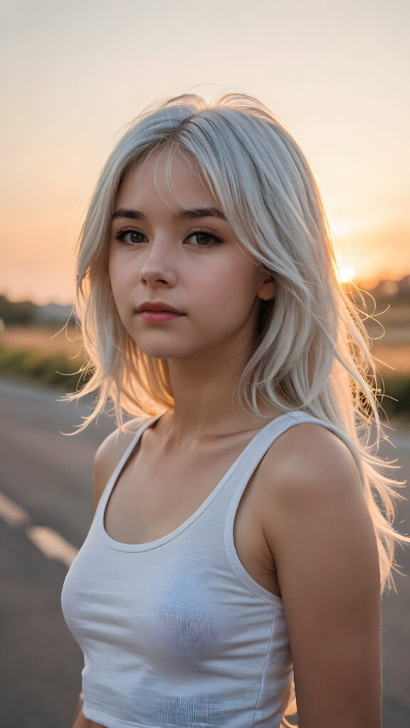 a (((cinematic scene))) featuring a (((very cute teen girl))), with details like a side-perspective hairstyle featuring bangs, straight, (((detailed long white hair))), an angelically perfect facial structure, and a super short, tight, (((plain fine tank top))) all against a backdrop of a (softly glowing, side-perspective) sunset