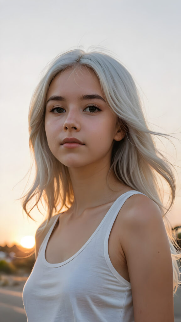 a (((cinematic scene))) featuring a (((very cute teen girl))), with details like a side-perspective hairstyle featuring bangs, straight, (((detailed long white hair))), an angelically perfect facial structure, and a super short, tight, (((plain fine tank top))) all against a backdrop of a (softly glowing, side-perspective) sunset