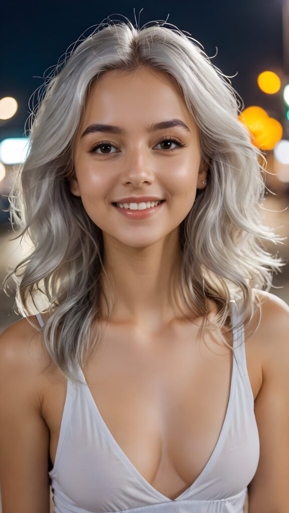 a (((close up portrait))) of a (((beautiful))), ((cute young girl)), (((long, flowing, voluminous, silver-white hair))), (((cropped tank top deep v-neck open front))), ((cheerful smile)), ((face illuminated)), (((looking into the camera)))