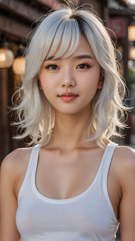 a (((cute 13-year-old girl with intricate Korean-style bangs))), featuring highly detailed, ((ultra realistic long detailed soft white hair that extends beyond her shoulders)), she’s clad in a (((perfectly curved and fitted white short tank top))), with a stunning face that exudes realism, complete with glowing, ultra-realistic amber eyes and delicate, detailed maroon straight hair that flows down her back. Her skin is highly detailed, with subtle wrinkles and a warm smile that draws the viewer in. Captured in an incredibly advanced image with deeply saturated colors, advanced film grain, and a soft focus that creates a sense of beauty and wonder. This advanced image represents the pinnacle of digital artistry, with unparalleled detail and advanced technology, making it a true masterpiece that pushes the boundaries of what is possible