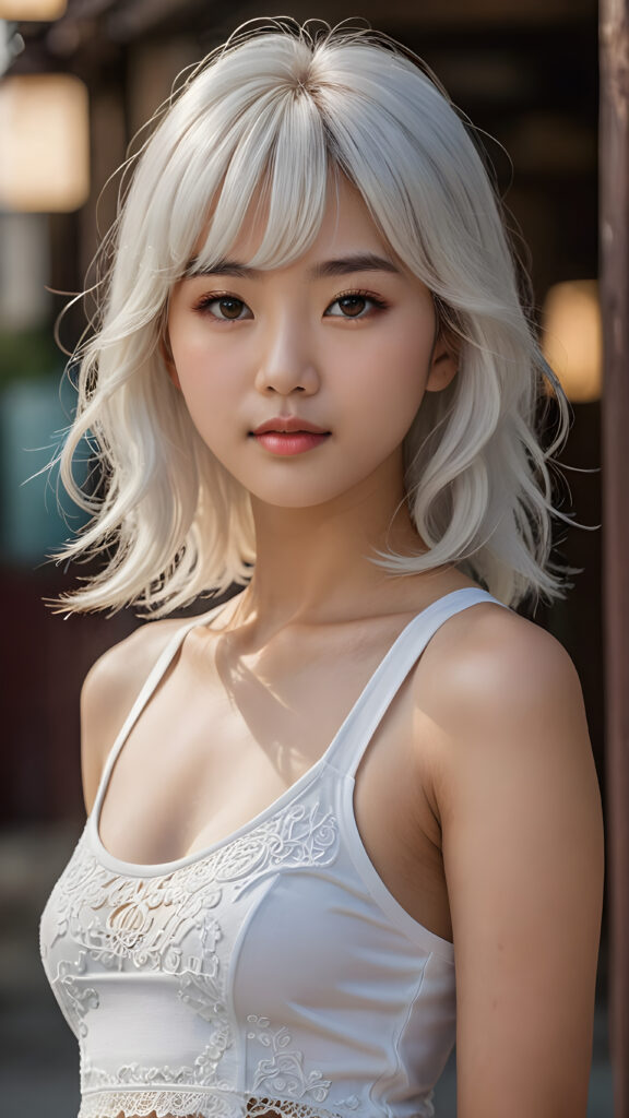 a (((cute 13-year-old girl with intricate Korean-style bangs))), featuring highly detailed, ((ultra realistic long detailed soft white hair that extends beyond her shoulders)), she’s clad in a (((perfectly curved and fitted white short tank top))), with a stunning face that exudes realism, complete with glowing, ultra-realistic amber eyes and delicate, detailed maroon straight hair that flows down her back. Her skin is highly detailed, with subtle wrinkles and a warm smile that draws the viewer in. Captured in an incredibly advanced image with deeply saturated colors, advanced film grain, and a soft focus that creates a sense of beauty and wonder. This advanced image represents the pinnacle of digital artistry, with unparalleled detail and advanced technology, making it a true masterpiece that pushes the boundaries of what is possible