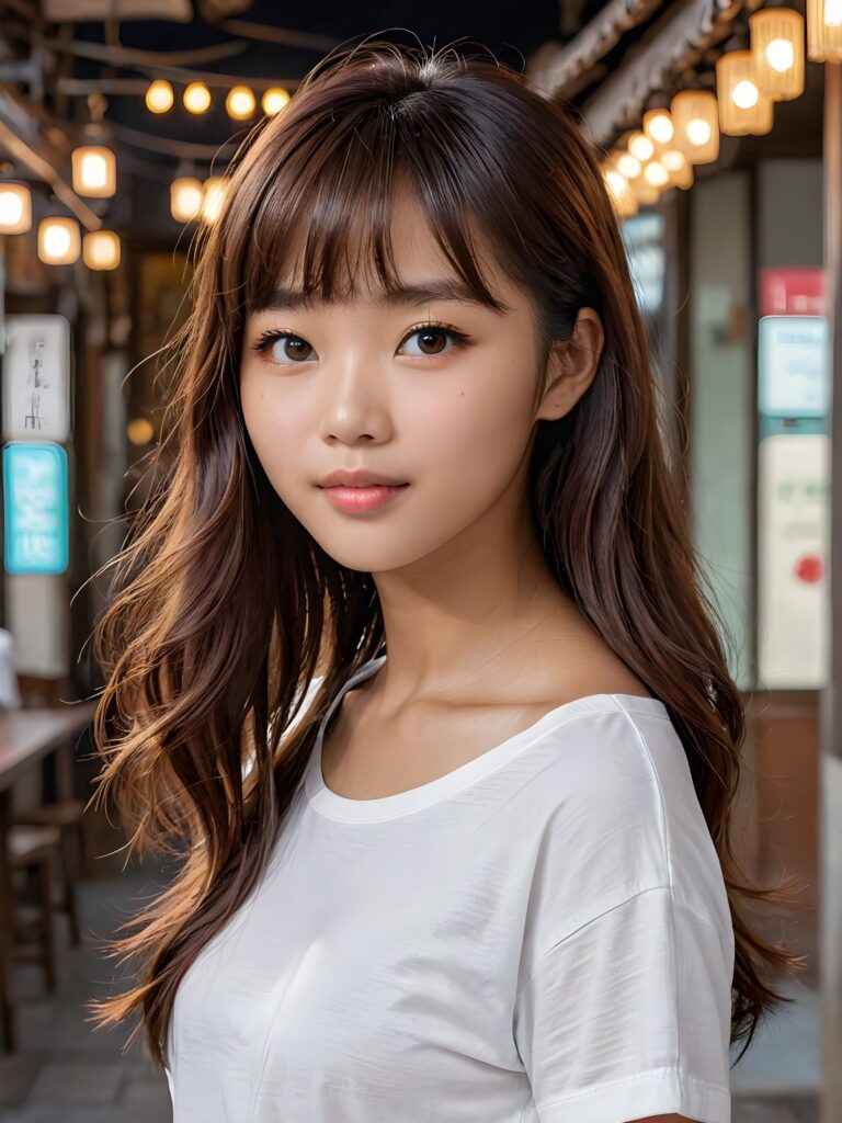 a (((cute 16-year-old Filipino girl with intricate Korean-style bangs))), featuring highly detailed, ultra realistic hair that extends beyond her shoulders. She's clad in a (((perfectly curved and fitted white short t-shirt))), with a stunning face that exudes realism, complete with glowing, ultra-realistic amber eyes and delicate, detailed maroon straight hair that flows down her back. Her skin is highly detailed, with subtle wrinkles and a warm smile that draws the viewer in. Captured in an incredibly advanced image with deeply saturated colors, advanced film grain, and a soft focus that creates a sense of beauty and wonder. This advanced image represents the pinnacle of digital artistry, with unparalleled detail and advanced technology, making it a true masterpiece that pushes the boundaries of what is possible