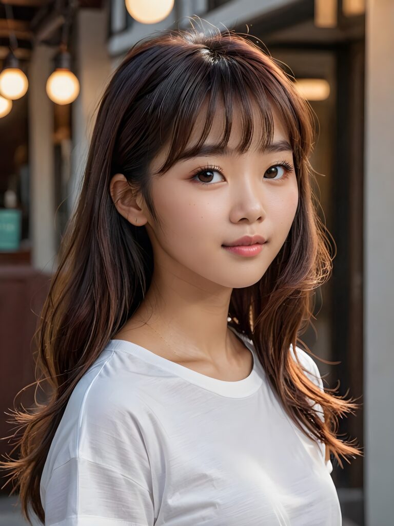 a (((cute 16-year-old Filipino girl with intricate Korean-style bangs))), featuring highly detailed, ultra realistic hair that extends beyond her shoulders. She's clad in a (((perfectly curved and fitted white short t-shirt))), with a stunning face that exudes realism, complete with glowing, ultra-realistic amber eyes and delicate, detailed maroon straight hair that flows down her back. Her skin is highly detailed, with subtle wrinkles and a warm smile that draws the viewer in. Captured in an incredibly advanced image with deeply saturated colors, advanced film grain, and a soft focus that creates a sense of beauty and wonder. This advanced image represents the pinnacle of digital artistry, with unparalleled detail and advanced technology, making it a true masterpiece that pushes the boundaries of what is possible