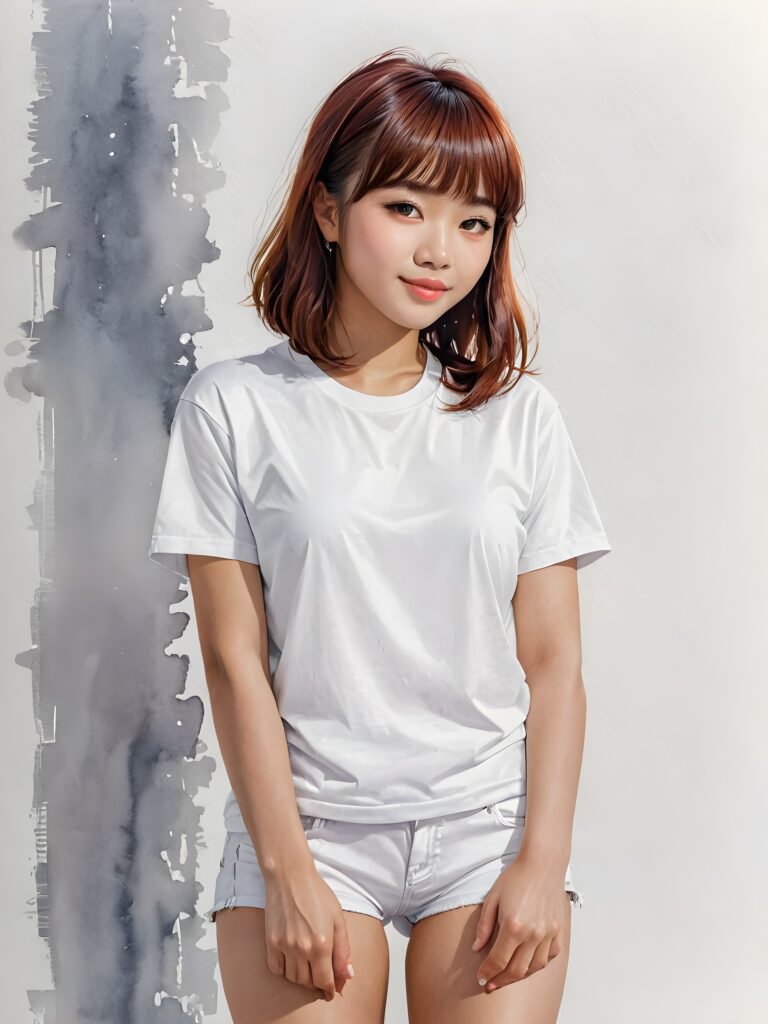 a (((cute 16-year-old Filipino girl with intricate ((bangs)), featuring highly detailed, ultra realistic hair that extends beyond her shoulders. She's clad in a (((perfectly curved and fitted white short t-shirt))), with a stunning face that exudes realism, complete with glowing, ultra-realistic amber eyes and delicate, detailed maroon straight hair that flows down her back. Her skin is highly detailed, with subtle wrinkles and a warm smile that draws the viewer in. Captured in an incredibly advanced image with deeply saturated colors, advanced film grain, and a soft focus that creates a sense of beauty and wonder. This advanced image represents the pinnacle of digital artistry, with unparalleled detail and advanced technology, making it a true masterpiece that pushes the boundaries of what is possible