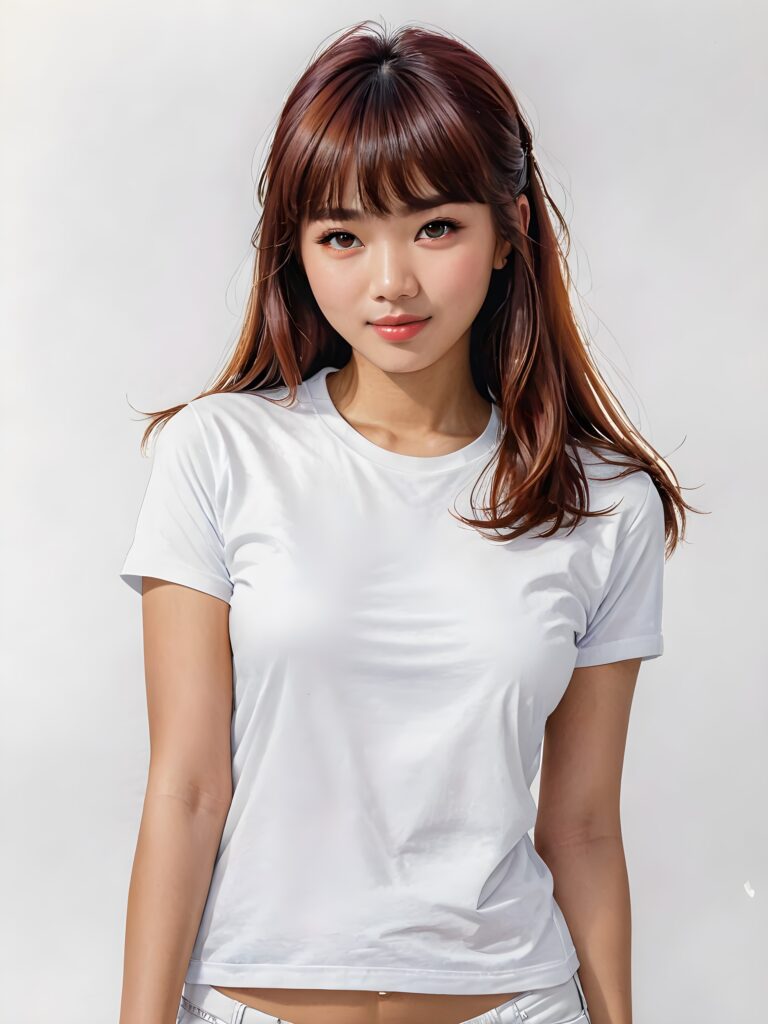 a (((cute 16-year-old Filipino girl with intricate ((bangs)), featuring highly detailed, ultra realistic hair that extends beyond her shoulders. She's clad in a (((perfectly curved and fitted white short t-shirt))), with a stunning face that exudes realism, complete with glowing, ultra-realistic amber eyes and delicate, detailed maroon straight hair that flows down her back. Her skin is highly detailed, with subtle wrinkles and a warm smile that draws the viewer in. Captured in an incredibly advanced image with deeply saturated colors, advanced film grain, and a soft focus that creates a sense of beauty and wonder. This advanced image represents the pinnacle of digital artistry, with unparalleled detail and advanced technology, making it a true masterpiece that pushes the boundaries of what is possible