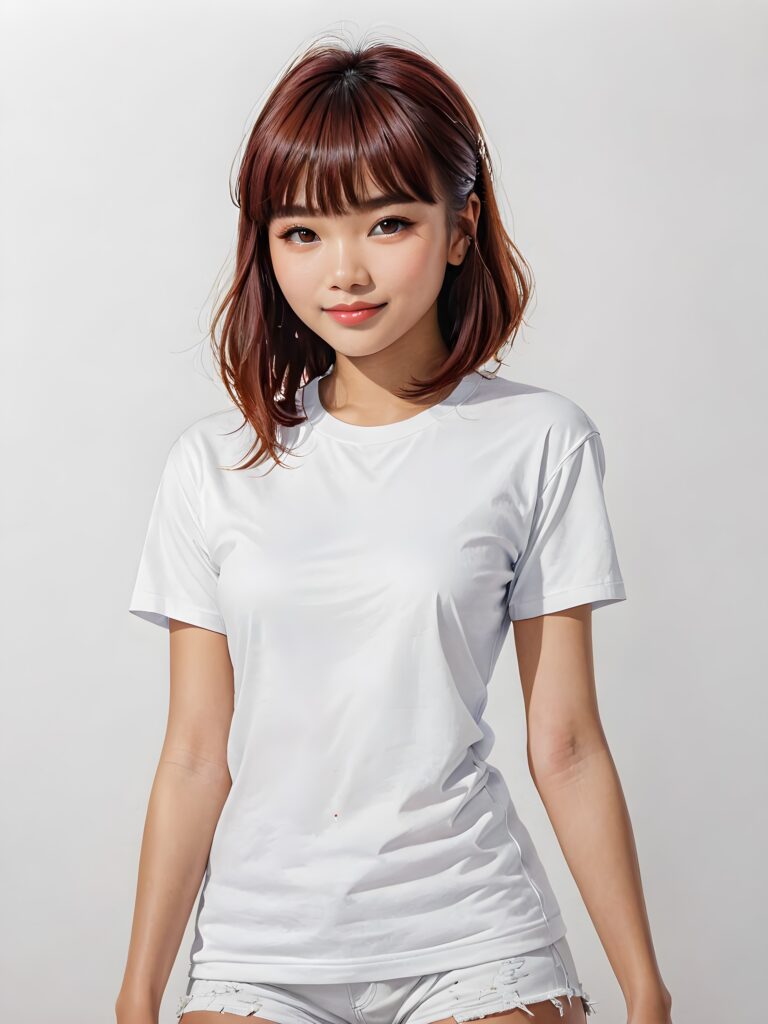 a (((cute 16-year-old Filipino girl with intricate ((bangs)), featuring highly detailed, ultra realistic hair that extends beyond her shoulders. She's clad in a (((perfectly curved and fitted white short t-shirt))), with a stunning face that exudes realism, complete with glowing, ultra-realistic amber eyes and delicate, detailed maroon straight hair that flows down her back. Her skin is highly detailed, with subtle wrinkles and a warm smile that draws the viewer in. Captured in an incredibly advanced image with deeply saturated colors, advanced film grain, and a soft focus that creates a sense of beauty and wonder. This advanced image represents the pinnacle of digital artistry, with unparalleled detail and advanced technology, making it a true masterpiece that pushes the boundaries of what is possible