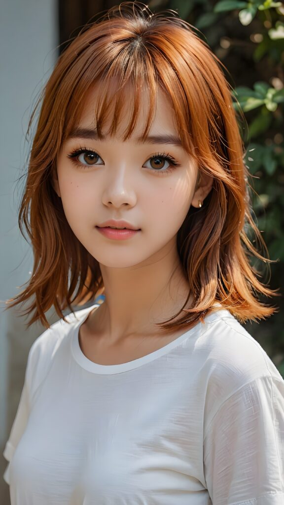 a cute 16 years old teen girl, detailed hair, Korea styled bangs, white short t-shirt, perfect curved body, ultra realistic face, realistic amber eyes, detailed orange straight hair, a stunning photo with beautiful saturation, ultra high resolution, deep shadow, (best quality, masterpiece)