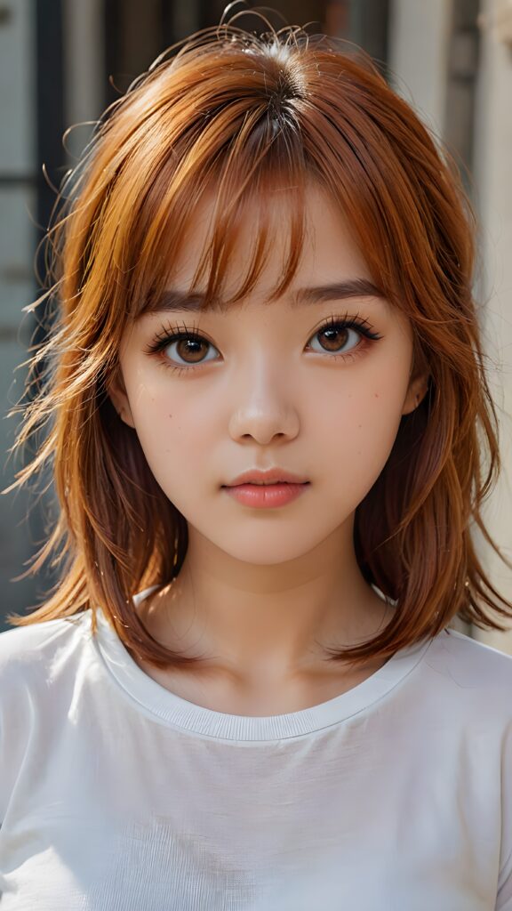 a cute 16 years old teen girl, detailed hair, Korea styled bangs, white short t-shirt, perfect curved body, ultra realistic face, realistic amber eyes, detailed orange straight hair, a stunning photo with beautiful saturation, ultra high resolution, deep shadow, (best quality, masterpiece)