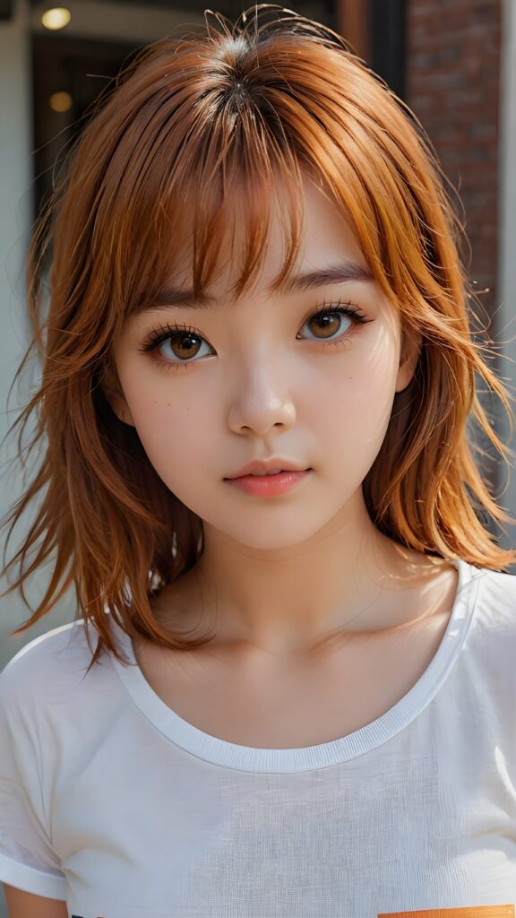 a cute 16 years old teen girl, detailed hair, Korea styled bangs, white short t-shirt, perfect curved body, ultra realistic face, realistic amber eyes, detailed orange straight hair, a stunning photo with beautiful saturation, ultra high resolution, deep shadow, (best quality, masterpiece)