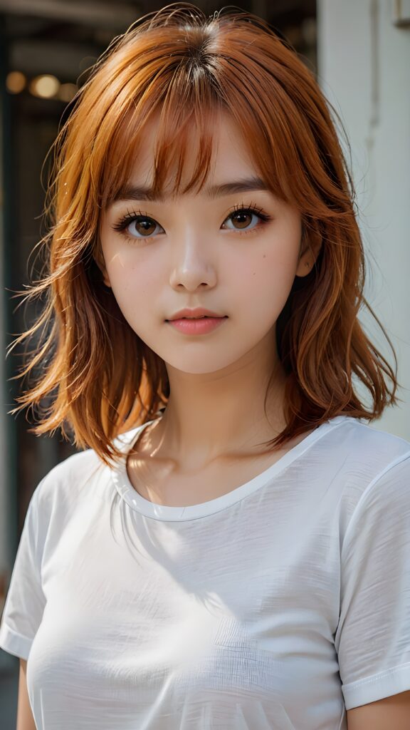 a cute 16 years old teen girl, detailed hair, Korea styled bangs, white short t-shirt, perfect curved body, ultra realistic face, realistic amber eyes, detailed orange straight hair, a stunning photo with beautiful saturation, ultra high resolution, deep shadow, (best quality, masterpiece)