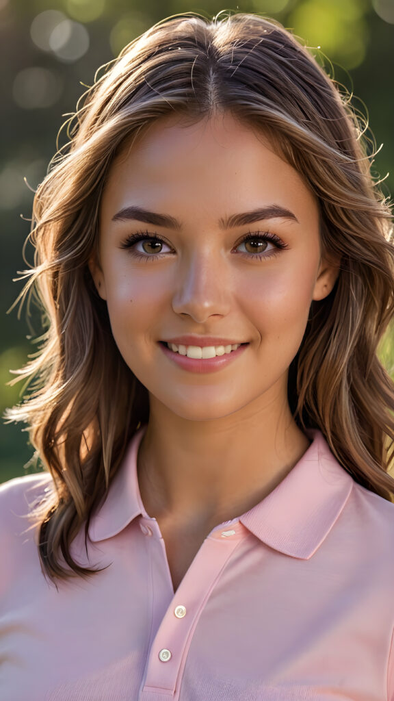 a (((cute))) (((detailed and realistic))) ((young adult)) (((female))) with long, flowing, voluminous, dark brown hair featuring blonde highlights, large, detailed and matching eyes, wearing a (((thin form-fitting plain pink polo shirt))), ((tanned skin)), (((gorgeous))), ((stunning)), ((model)), ((smiling)), (((looking into the camera))), (((wearing only skin))), ((completely covered)), ((alluring pose)), ((sunlight catching her hair)), ((face illuminated)), (((looking into the camera)))