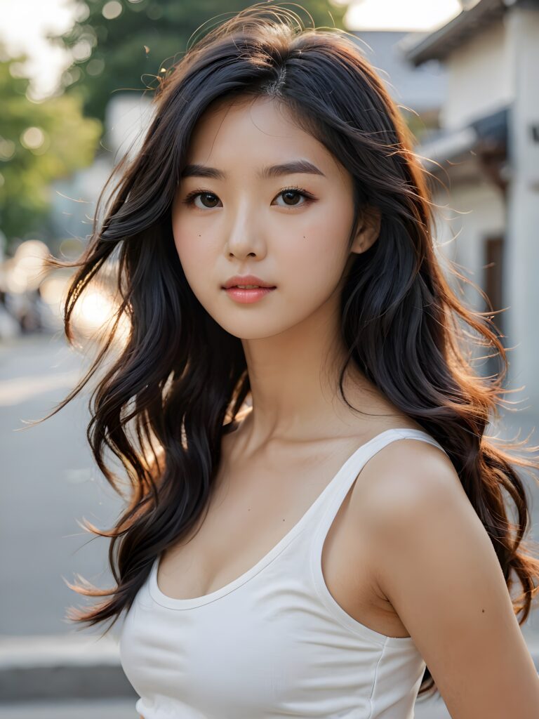 a (((cute Korean model girl))) with long, wavy black hair and flowing, side-swept bangs, wearing a white short cropped tank top, perfect curved body