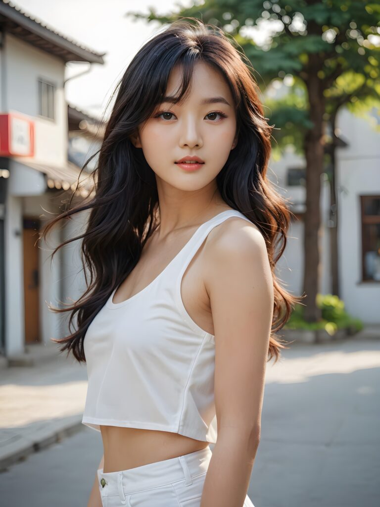 a (((cute Korean model girl))) with long, wavy black hair and flowing, side-swept bangs, wearing a white short cropped tank top, perfect curved body