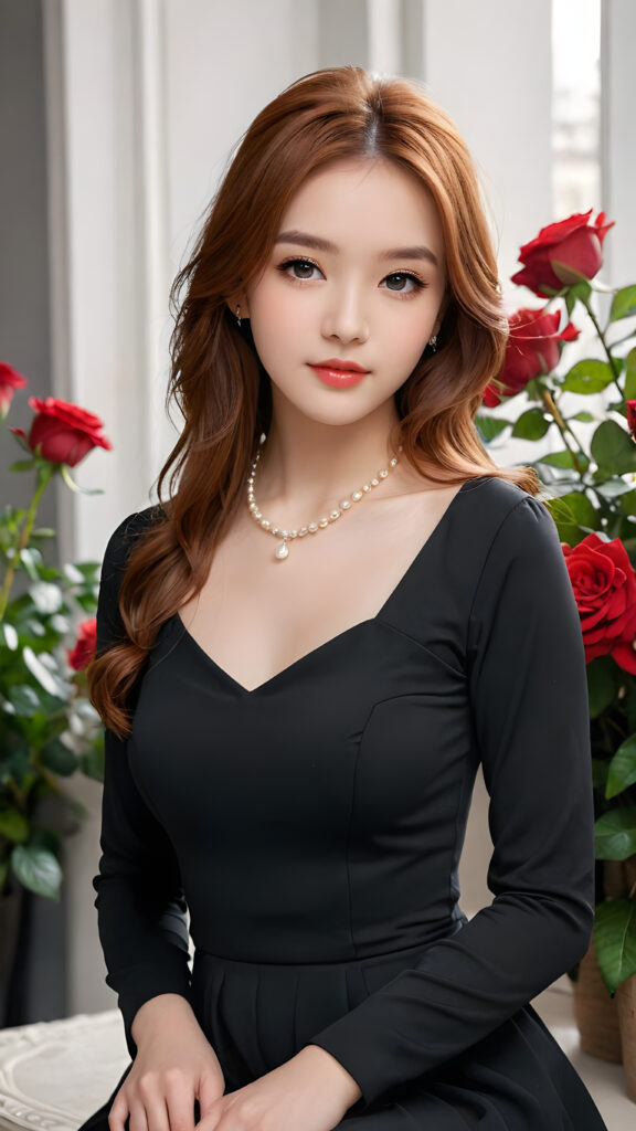 a (((cute and petite girl))) with long, soft, red straight hair that falls just above her shoulders, grey eyes that give off a romantic glow, soft lips, a small flawless nose and pale skin. She's dressed in a timeless black dress that's elegant and classic, with long sleeves and a modest hemline. It's paired with black tights that add a hint of sophistication. Her hair is styled in soft waves, and she's accessorized with a classic pearl necklace that sits gracefully at the base of her neck. She's surrounded by a backdrop of (red roses) that give off a serene and dreamy glow