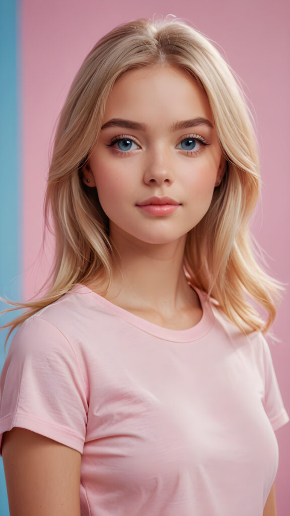 a cute blonde teen girl looks like barbie, soft straight hair, upper-body, ((light pink plain t-shirt)), perfect curved body, light blue eyes, detailed face, pink backdrop