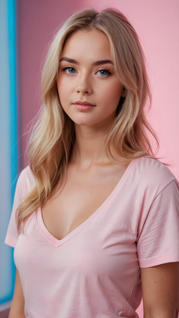 a cute blonde well busty teen girl, soft straight very long jet hair, ((light pink plain t-shirt with deep v-neck)), perfect curved body, light blue eyes, detailed face, pink backdrop