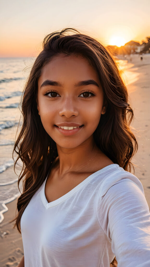 a (((cute brown-skinned teen girl))) take a selfie (gorgeous sunset at the beach)