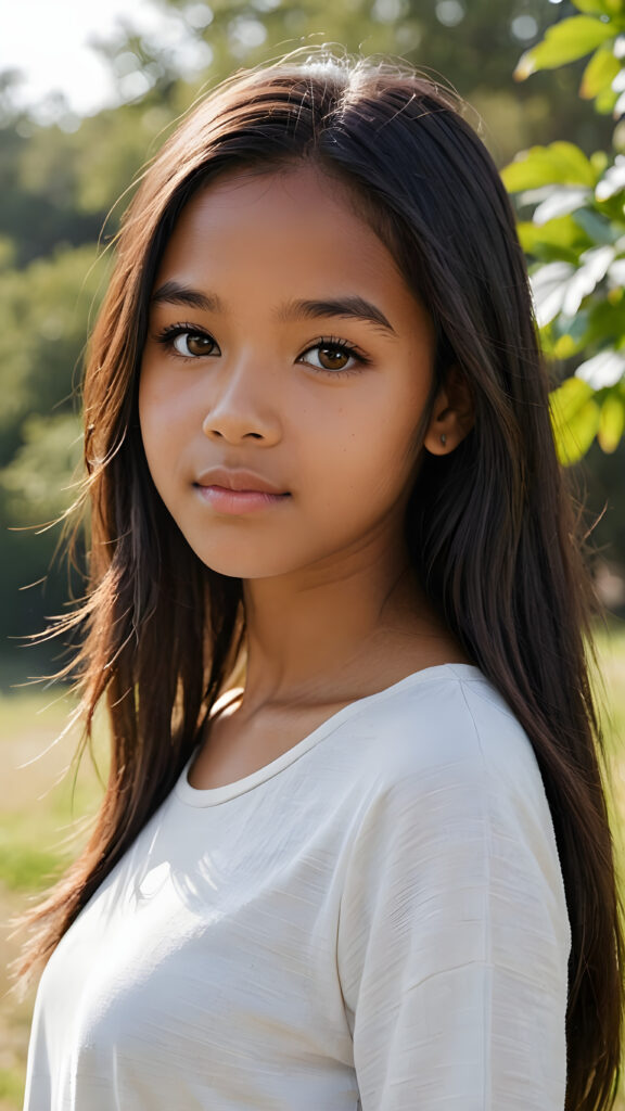 a ((cute brown-skinned teen girl, 13 years old)) medium silhouette shot, her hair is obsidian-black and with long straight haircut, she has glancing silver-white eyes and are orbit round, she has pouting lips, she has a soft outlook, she has a fit figure, she wears female native american clothing style, in a natural way, mood scenery background