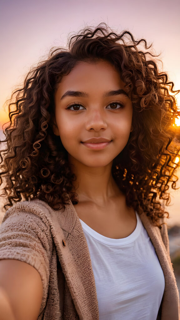 a (((cute brown-skinned teen girl))) with naturally curly, brown-toned hair and a realistically drawn face capturing a perfect moment of taking a selfie against a backdrop of a (((gorgeous sunset))), with its radiant hues bouncing off her skin