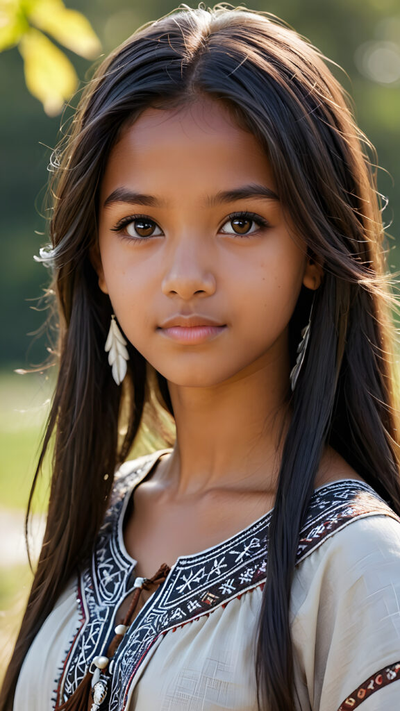 a ((cute brown-skinned teen girl, 13 years old)) medium silhouette shot, her hair is obsidian-black and with long straight haircut, she has glancing silver-white eyes and are orbit round, she has pouting lips, she has a soft outlook, she has a fit figure, she wears female native american clothing style, in a natural way, mood scenery background