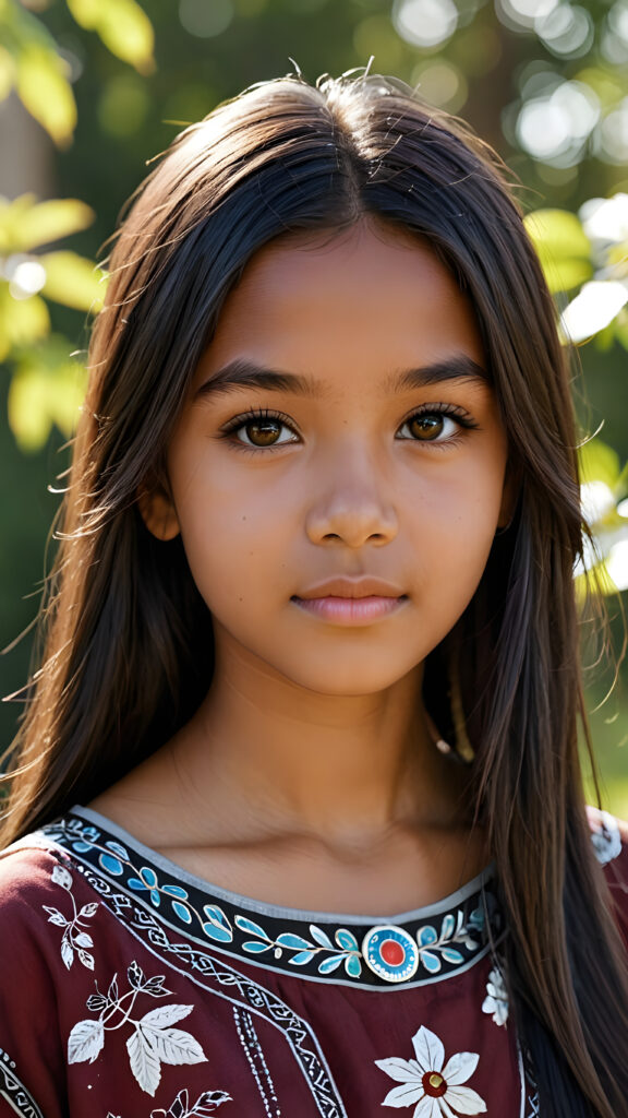 a ((cute brown-skinned teen girl, 13 years old)) medium silhouette shot, her hair is obsidian-black and with long straight haircut, she has glancing silver-white eyes and are orbit round, she has pouting lips, she has a soft outlook, she has a fit figure, she wears female native american clothing style, in a natural way, mood scenery background