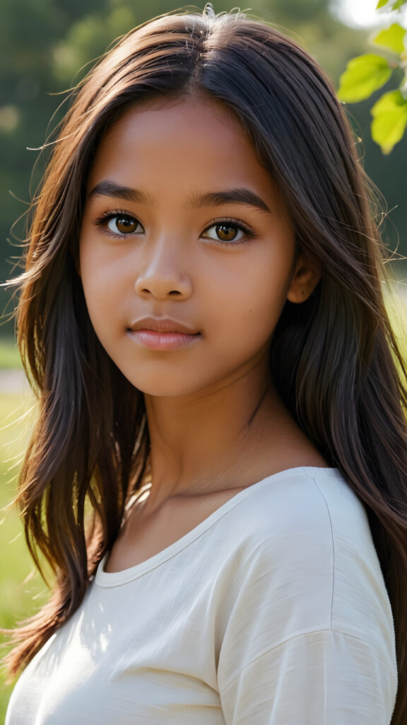 a ((cute brown-skinned teen girl, 13 years old)) medium silhouette shot, her hair is obsidian-black and with long straight haircut, she has glancing silver-white eyes and are orbit round, she has pouting lips, she has a soft outlook, she has a fit figure, she wears female native american clothing style, in a natural way, mood scenery background