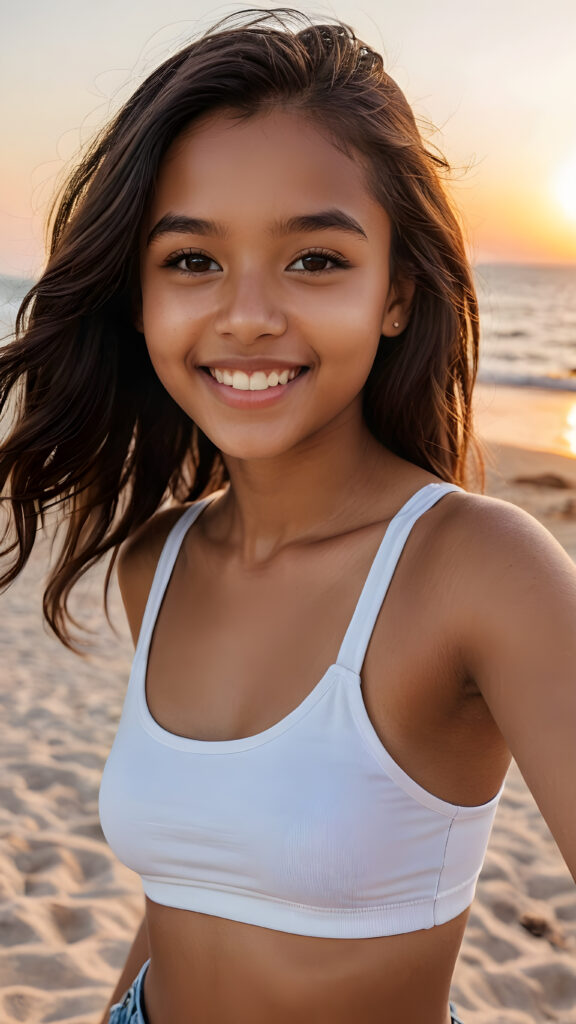 a cute (((brown-skinned teen girlie))), 13 years old, smile, straight black long hair, who exudes an air of seduction with a (((cropped tank top))), exhibiting a perfect curved body, (take a selfie at beach, beautiful sunset)