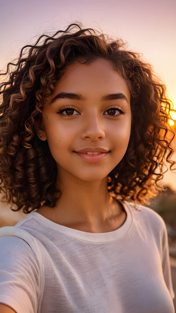 a (((cute brown-skinned teen girl))) with naturally curly, brown-toned hair and a realistically drawn face capturing a perfect moment of taking a selfie against a backdrop of a (((gorgeous sunset))), with its radiant hues bouncing off her skin