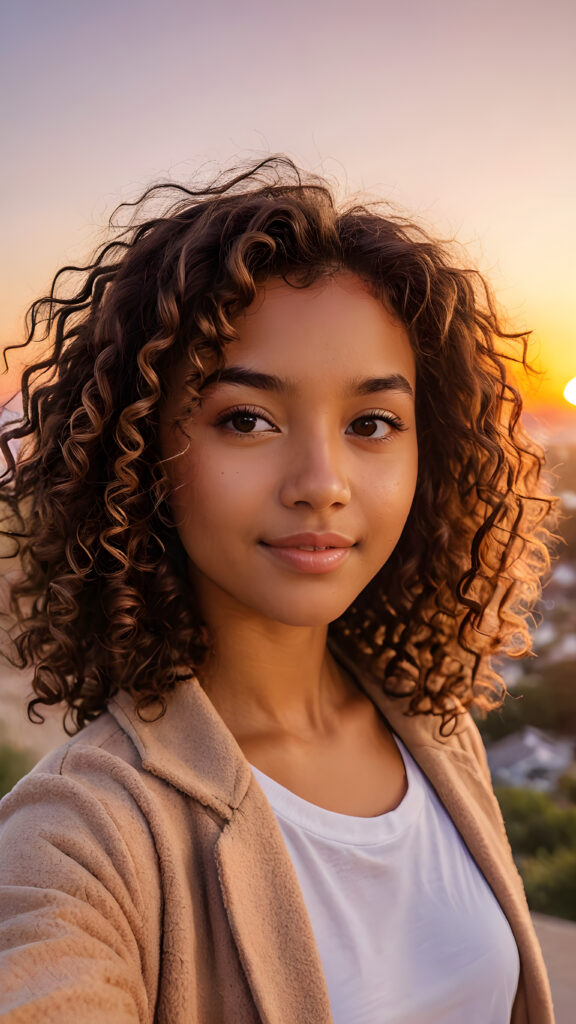 a (((cute brown-skinned teen girl))) with naturally curly, brown-toned hair and a realistically drawn face capturing a perfect moment of taking a selfie against a backdrop of a (((gorgeous sunset))), with its radiant hues bouncing off her skin