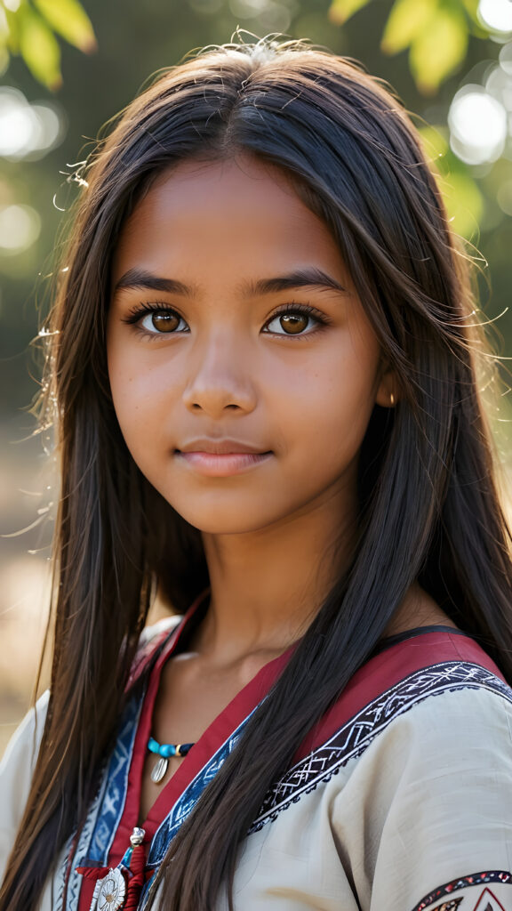 a ((cute brown-skinned teen girl, 13 years old)) medium silhouette shot, her hair is obsidian-black and with long straight haircut, she has glancing silver-white eyes and are orbit round, she has pouting lips, she has a soft outlook, she has a fit figure, she wears female native american clothing style, in a natural way, mood scenery background