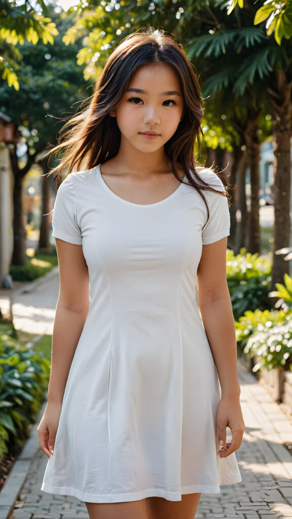 a cute busty Asian tanned teenage girl, 16 years old, long jet hair, she has a perfect body, wears a super fine Short Sleeve Cotton Jersey Dress