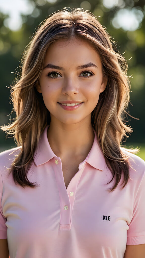 a (((cute))) (((detailed and realistic))) ((young adult)) (((female))) with long, flowing, voluminous, dark brown hair featuring blonde highlights, large, detailed and matching eyes, wearing a (((thin form-fitting plain pink polo shirt))), ((tanned skin)), (((gorgeous))), ((stunning)), ((model)), ((smiling)), (((looking into the camera))), (((wearing only skin))), ((completely covered)), ((alluring pose)), ((sunlight catching her hair)), ((face illuminated)), (((looking into the camera)))