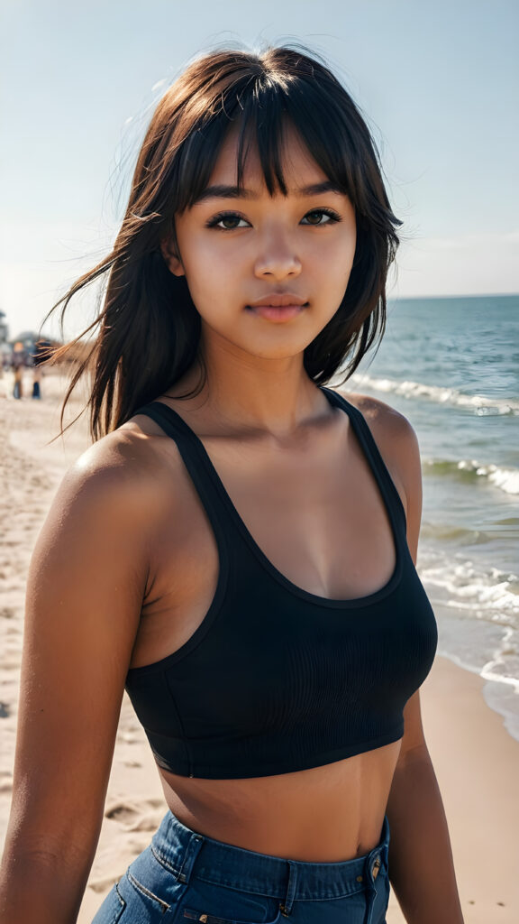 a cute (((dark-skinned teen girlie))), straight black long hair in bangs cut, who exudes an air of seduction with a (((cropped tank top))), exhibiting a perfect curved body, (take a selfie at beach)