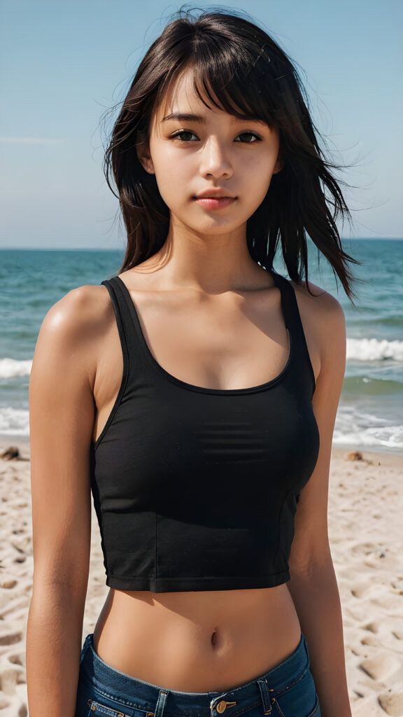 a cute (((dark-skinned teen girlie))), straight black long hair in bangs cut, who exudes an air of seduction with a (((cropped tank top))), exhibiting a perfect curved body, (take a selfie at beach)