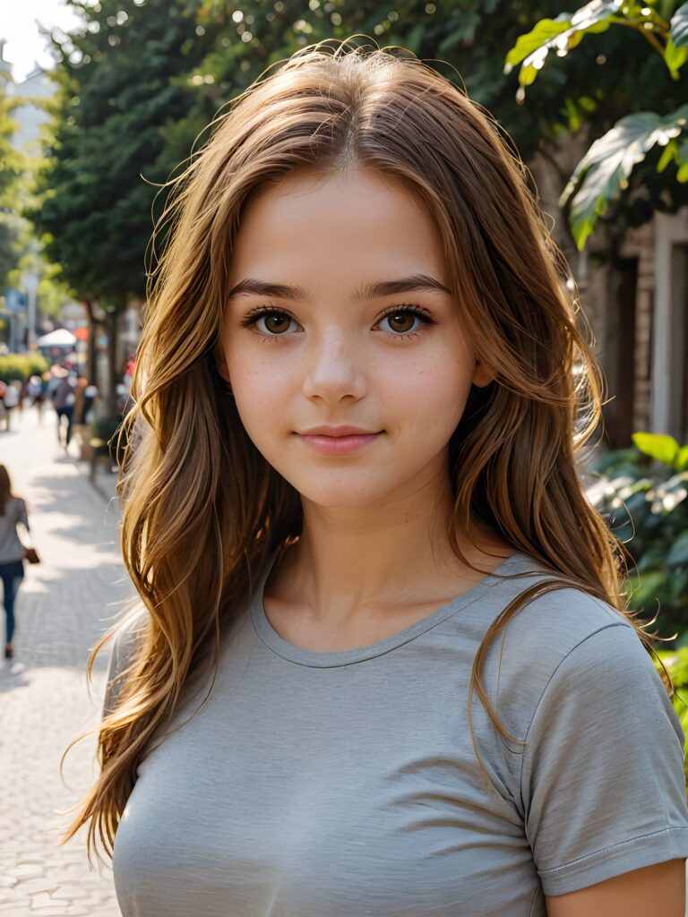 a cute detailed and realistic teen girl, detailed long brown-gold full hair, full portrait, thin form-fitting grey t-shirt, ((gorgeous)) ((stunning)) ((model))