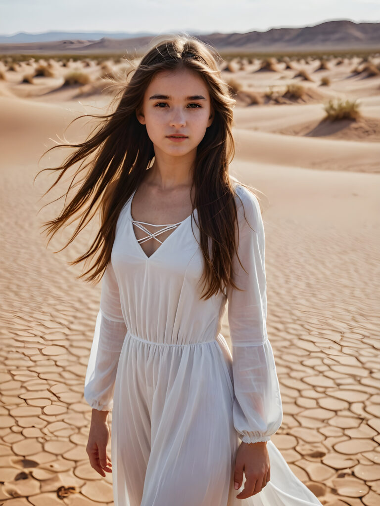 a cute girl, 16 years old, white dressed, she stands alone in the middle of a sandy desert, her long hair blows in the wind ((realistic detailed photo))