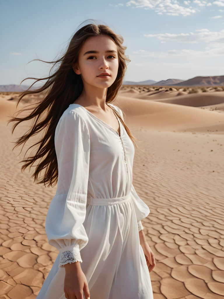 a cute girl, 16 years old, white dressed, she stands alone in the middle of a sandy desert, her long hair blows in the wind ((realistic detailed photo))