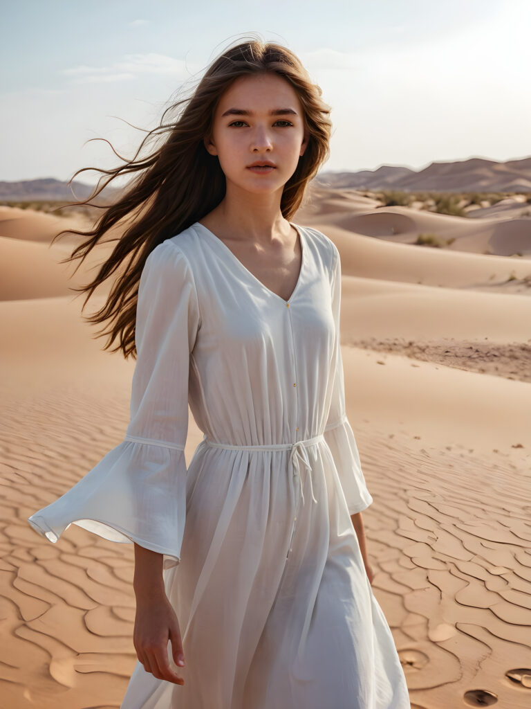 a cute girl, 16 years old, white dressed, she stands alone in the middle of a sandy desert, her long hair blows in the wind ((realistic detailed photo))