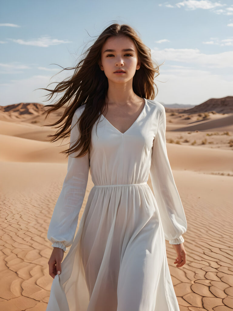 a cute girl, 16 years old, white dressed, she stands alone in the middle of a sandy desert, her long hair blows in the wind ((realistic detailed photo))