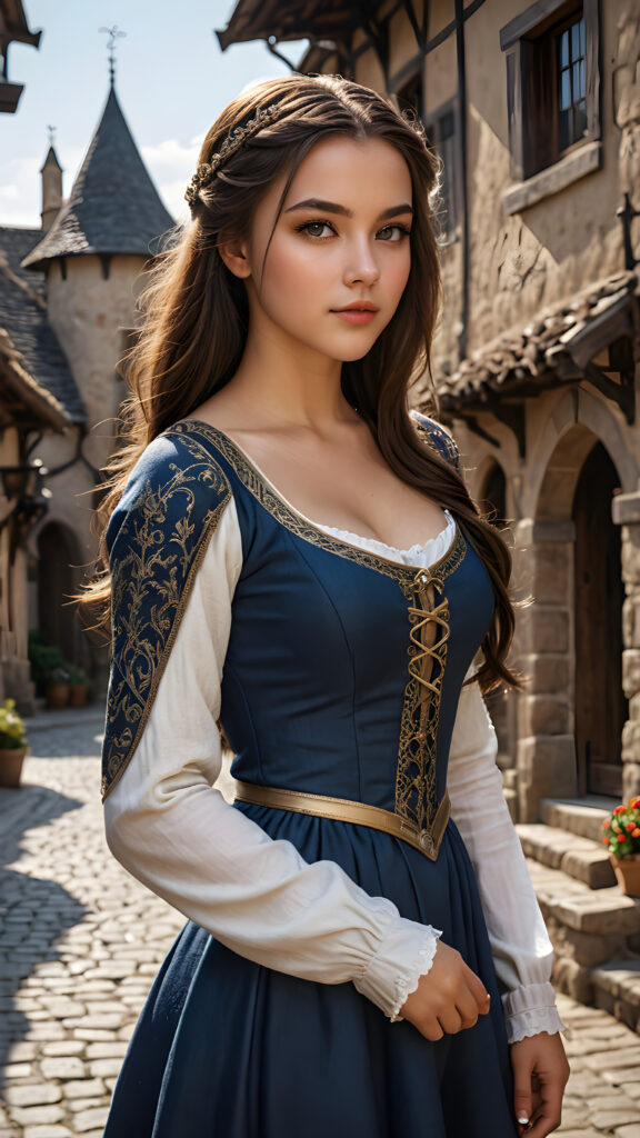 a (((cute girl in a medieval village))) with exquisite detailed hair, a perfectly curvaceous body, striking realistic black eyes, intricate straight hair, dressed in a sleek, form-fitting outfit that accentuates every curve, captured in a (((breathtakingly beautiful photo))), oozing with (ultra realism) and (ultra high resolution), with luxurious, deep shadows that bring a (masterful artistry) vibe