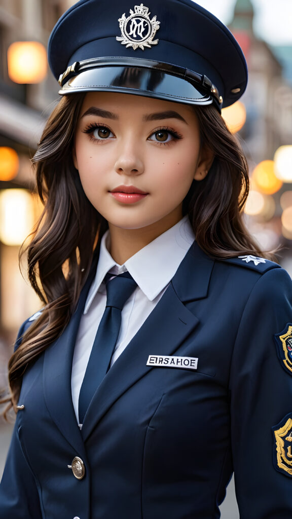 a (((girl in uniform))) with exquisite detailed hair, a perfectly curvaceous body, striking realistic black eyes, intricate straight hair, dressed in a sleek, form-fitting outfit that accentuates every curve, captured in a (((breathtakingly beautiful photo))), oozing with (ultra realism) and (ultra high resolution), with luxurious, deep shadows that bring a (masterful artistry) vibe