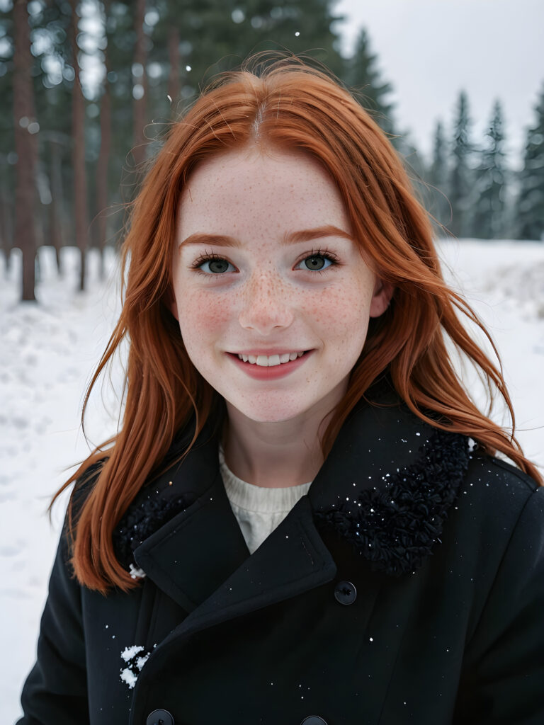 a cute little red-haired girl with freckles. Shoulder-length, straight hair. She is wearing a thick black coat and is standing in a white, snowy landscape. She is very happy and smiling. She has a chubby face. Perfect shot. Beautiful. Enchanting.