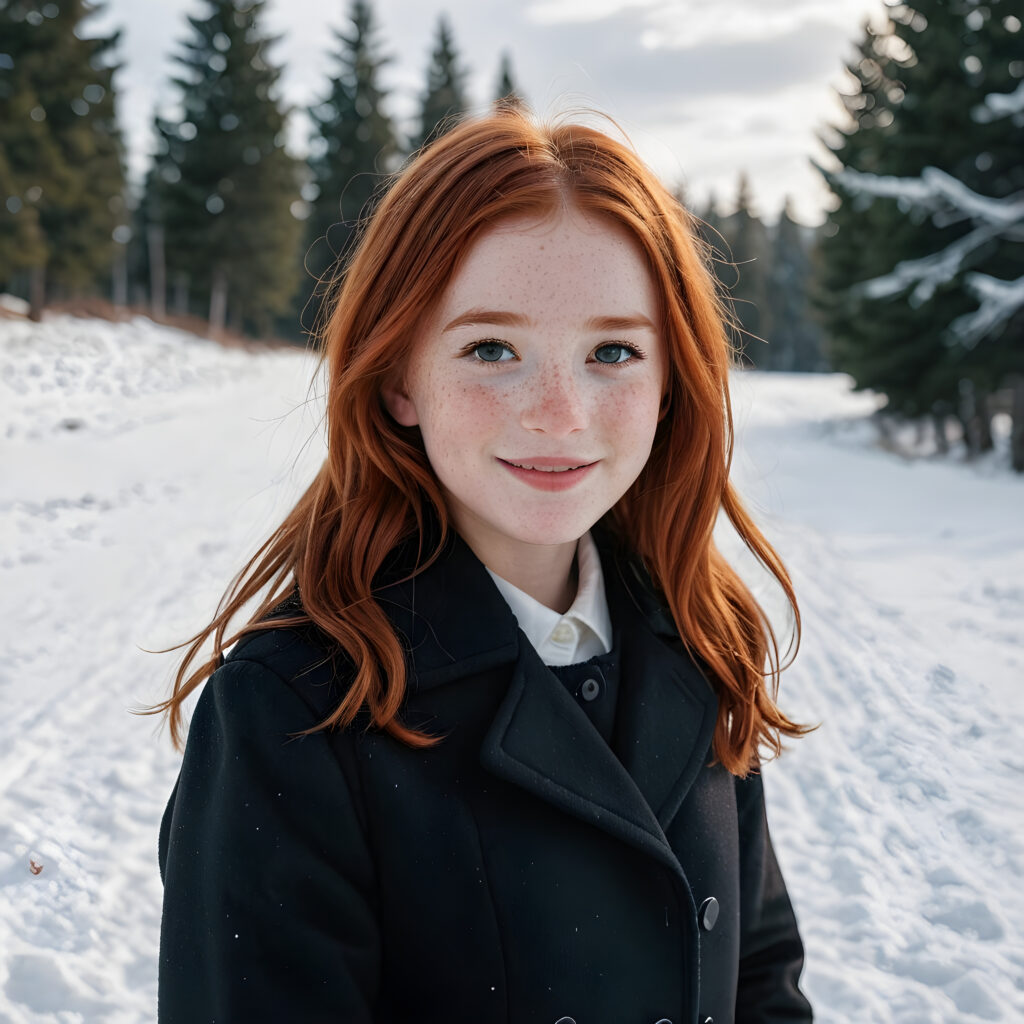 a cute little red-haired girl with freckles. Shoulder-length, straight hair. She is wearing a thick black coat and is standing in a white, snowy landscape. She is very happy and smiling. She has a chubby face. Perfect shot. Beautiful. Enchanting.