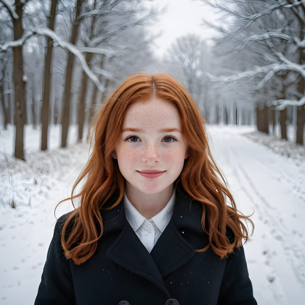 a cute little red-haired girl with freckles. Shoulder-length, straight hair. She is wearing a thick black coat and is standing in a white, snowy landscape. She is very happy and smiling. She has a chubby face. Perfect shot. Beautiful. Enchanting.