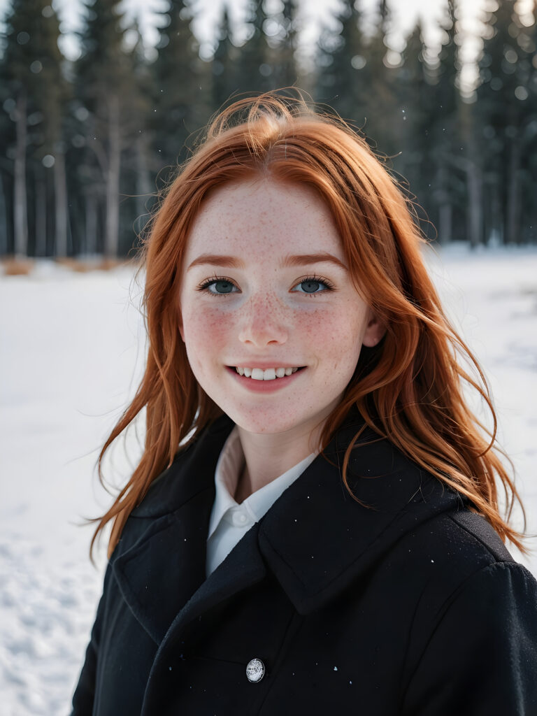 a cute little red-haired girl with freckles. Shoulder-length, straight hair. She is wearing a thick black coat and is standing in a white, snowy landscape. She is very happy and smiling. She has a chubby face. Perfect shot. Beautiful. Enchanting.