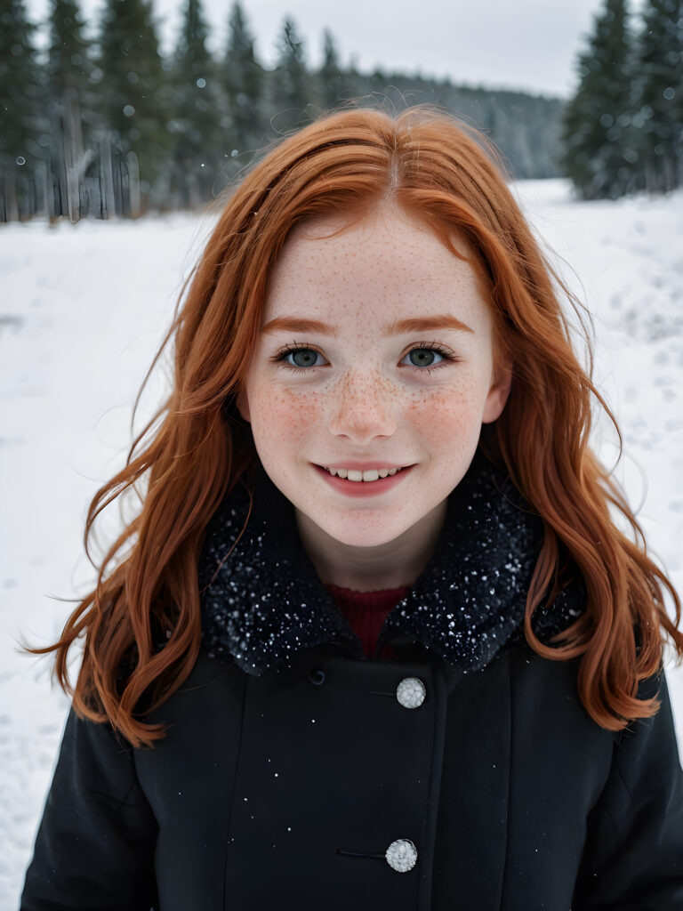 a cute little red-haired girl with freckles. Shoulder-length, straight hair. She is wearing a thick black coat and is standing in a white, snowy landscape. She is very happy and smiling. She has a chubby face. Perfect shot. Beautiful. Enchanting.