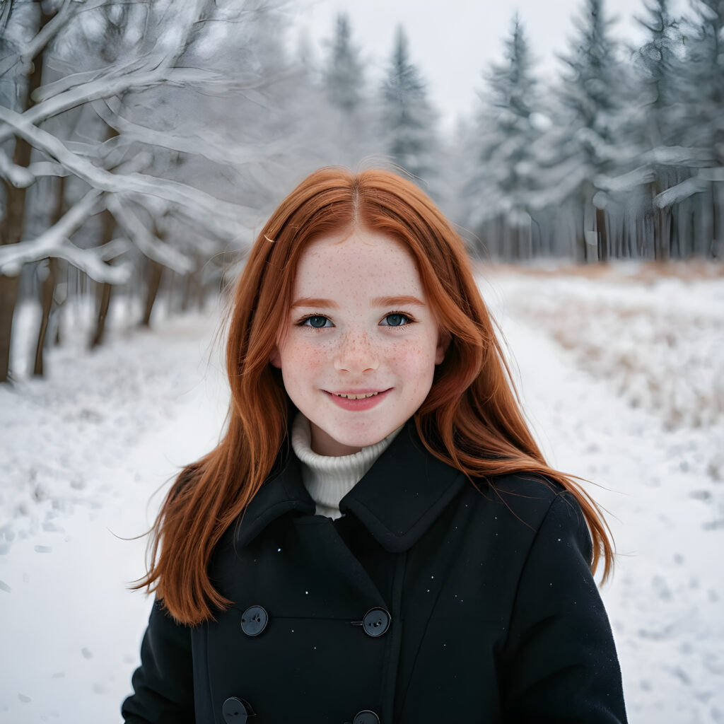 a cute little red-haired girl with freckles. Shoulder-length, straight hair. She is wearing a thick black coat and is standing in a white, snowy landscape. She is very happy and smiling. She has a chubby face. Perfect shot. Beautiful. Enchanting.