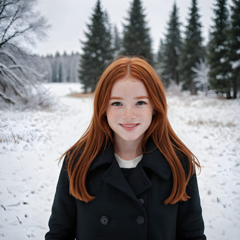 a cute little red-haired girl with freckles. Shoulder-length, straight hair. She is wearing a thick black coat and is standing in a white, snowy landscape. She is very happy and smiling. She has a chubby face. Perfect shot. Beautiful. Enchanting.