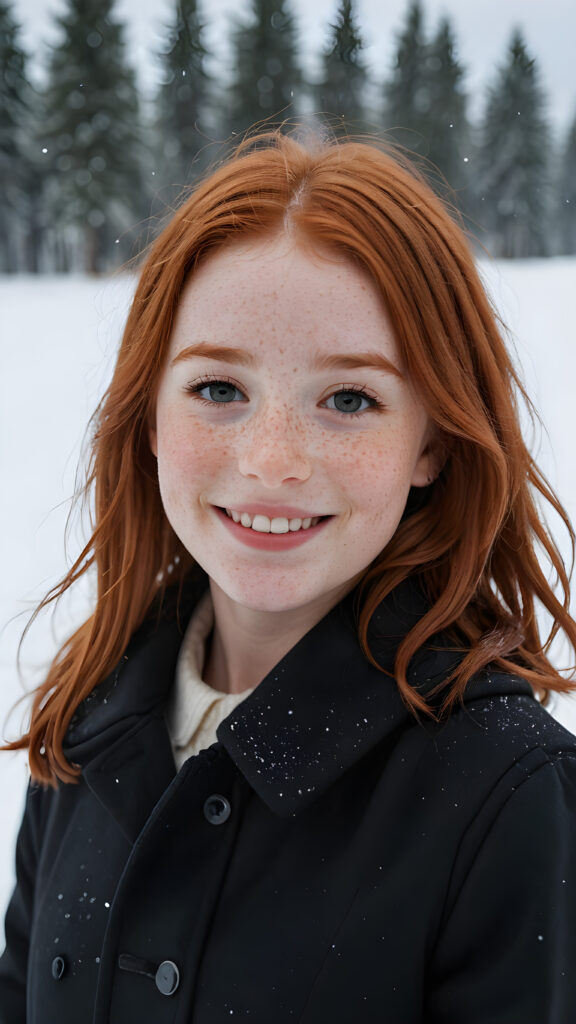 a cute little red-haired girl with freckles. Shoulder-length, straight hair. She is wearing a thick black coat and is standing in a white, snowy landscape. She is very happy and smiling. She has a chubby face. Perfect shot. Beautiful. Enchanting.