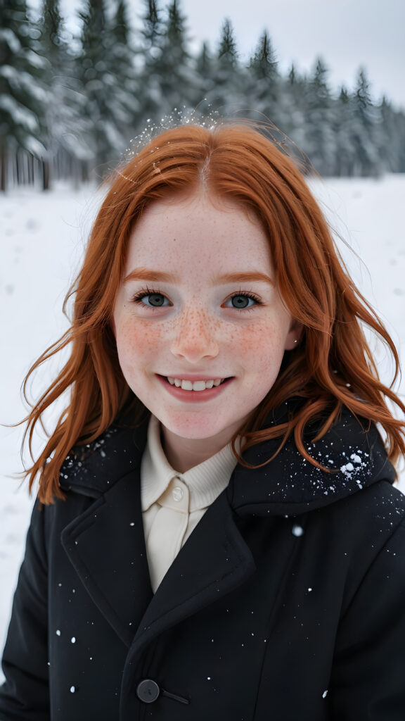 a cute little red-haired girl with freckles. Shoulder-length, straight hair. She is wearing a thick black coat and is standing in a white, snowy landscape. She is very happy and smiling. She has a chubby face. Perfect shot. Beautiful. Enchanting.